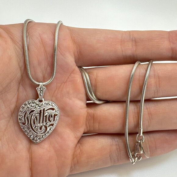 VTG Solid Sterling Silver 925 Mother Heart Pendant Necklace Size 18" Length - Picture 10 of 14